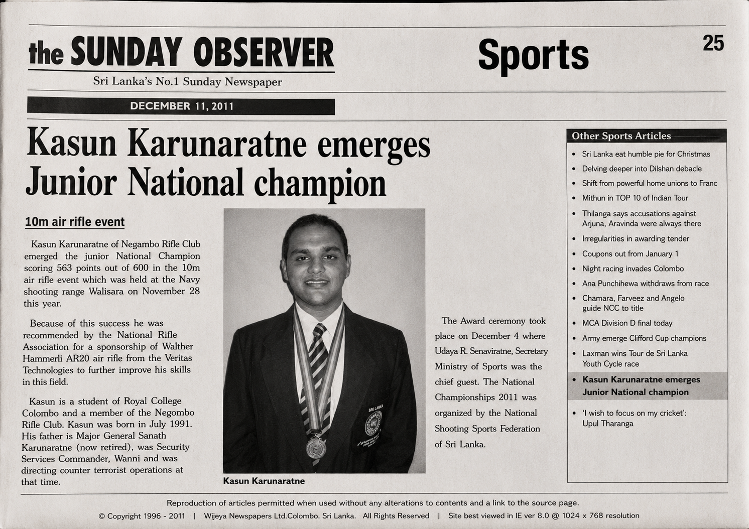 Newspaper feature — Kasun Karunaratne emerges Junior National Champion